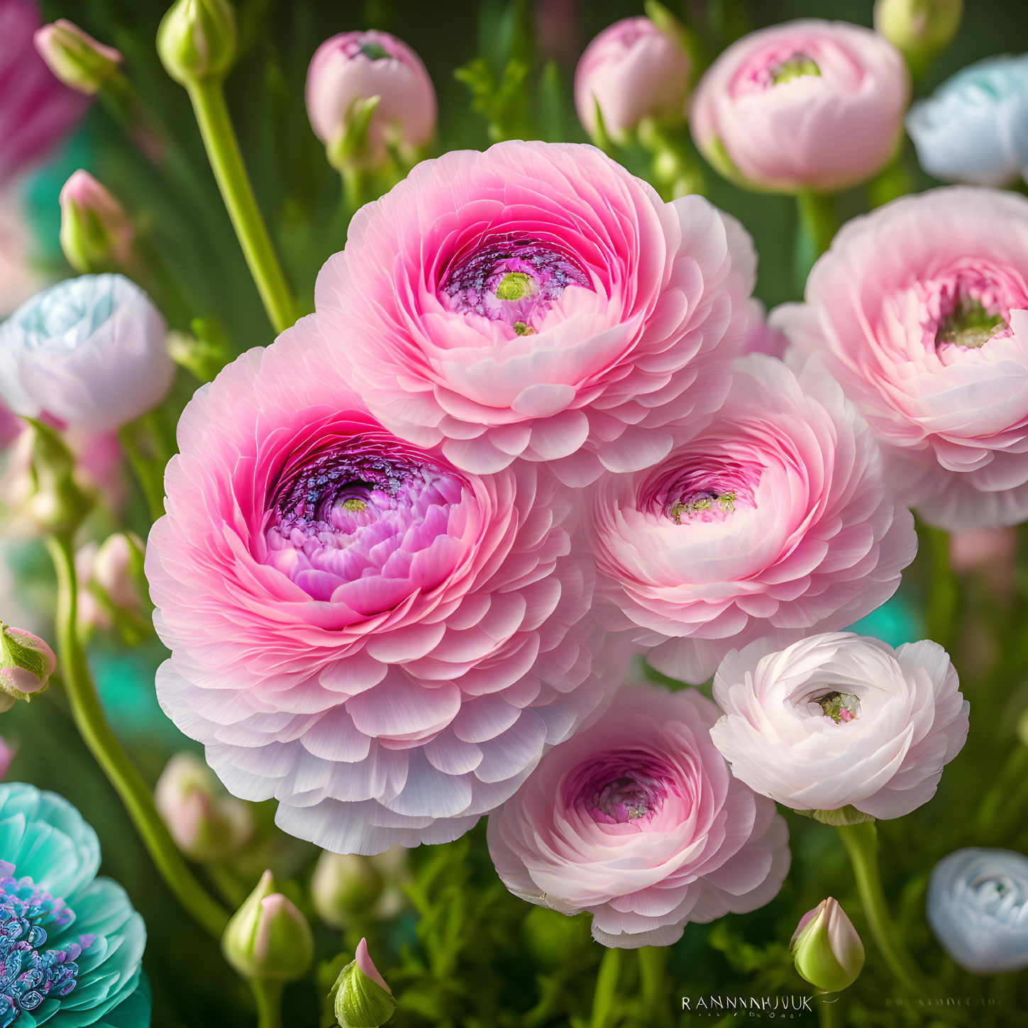 Pink and Light Blue Ranunculus Flowers in Full Bloom