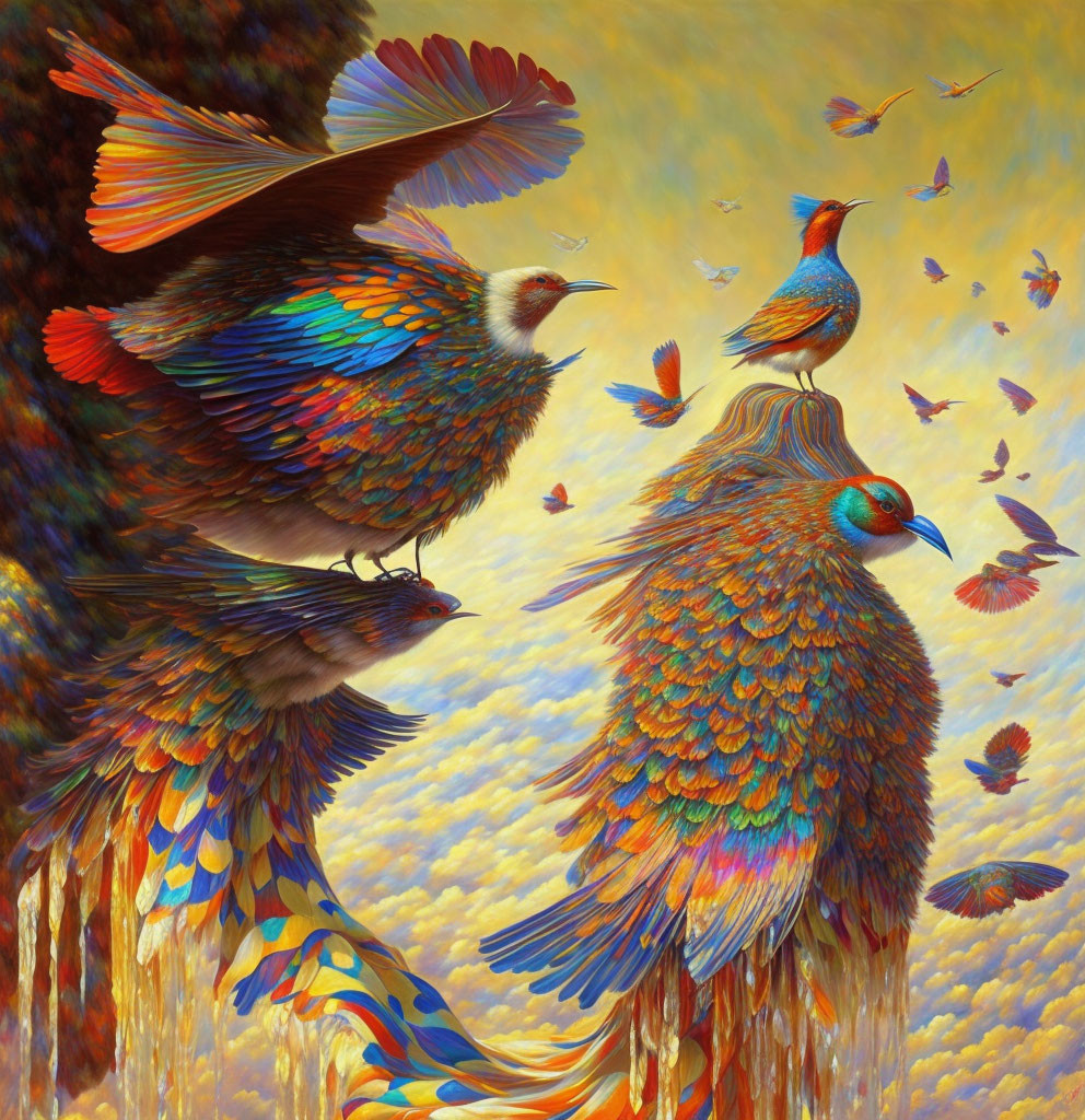 Colorful Birds Painting Against Warm Background