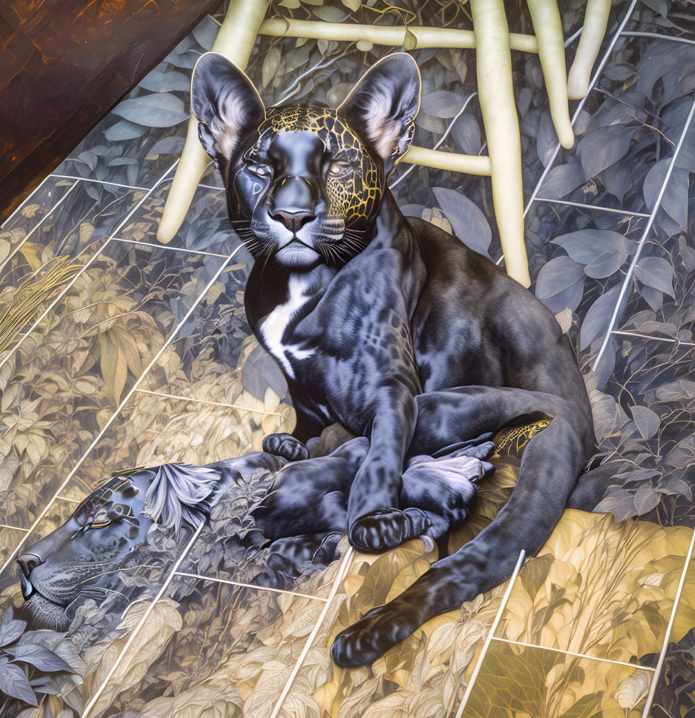 Black Panther with Golden Patterned Headband Resting in Bamboo Forest