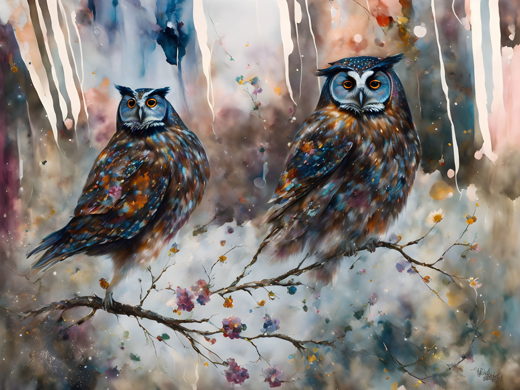 Realistic owls on blossom branch with colorful forest background