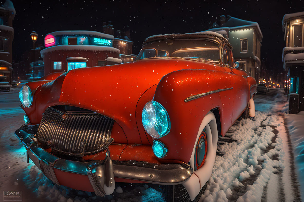 Vintage Red Car on Snowy Street at Night with Illuminated Buildings