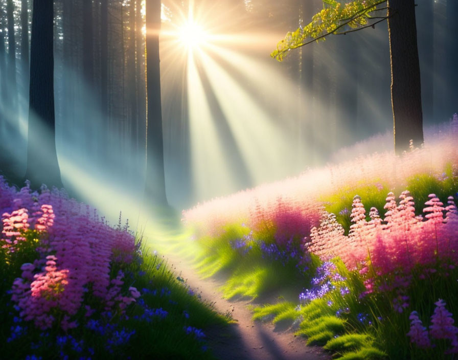 Misty forest illuminated by sunbeams and vibrant wildflowers