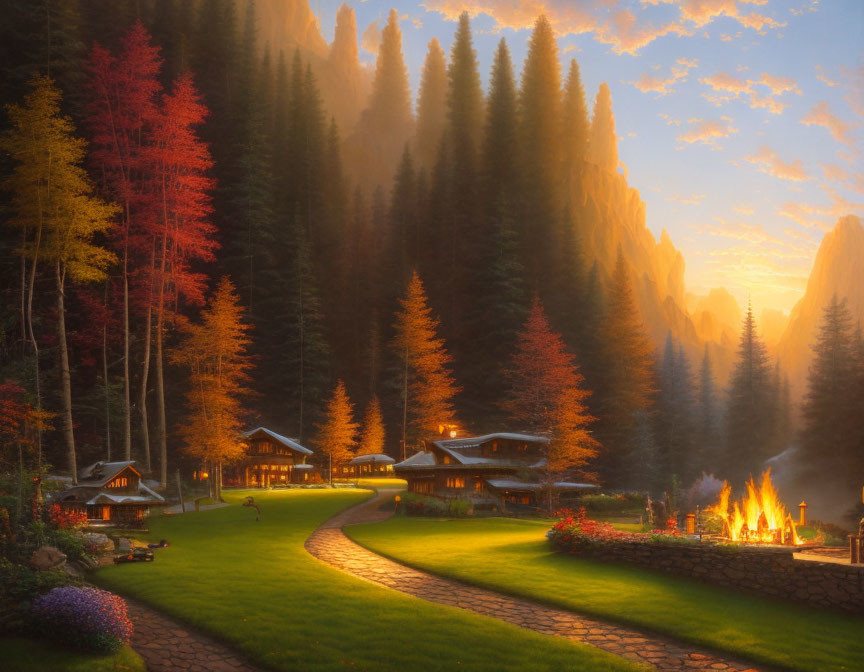 Tranquil autumn cabin scene with colorful trees, sunset, campfire, mountain range