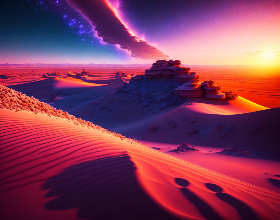 Colorful Sunset Desert Landscape with Sand Dunes and Starry Sky