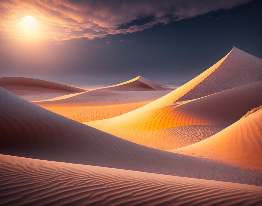 Tranquil desert sunset with smooth sand dunes