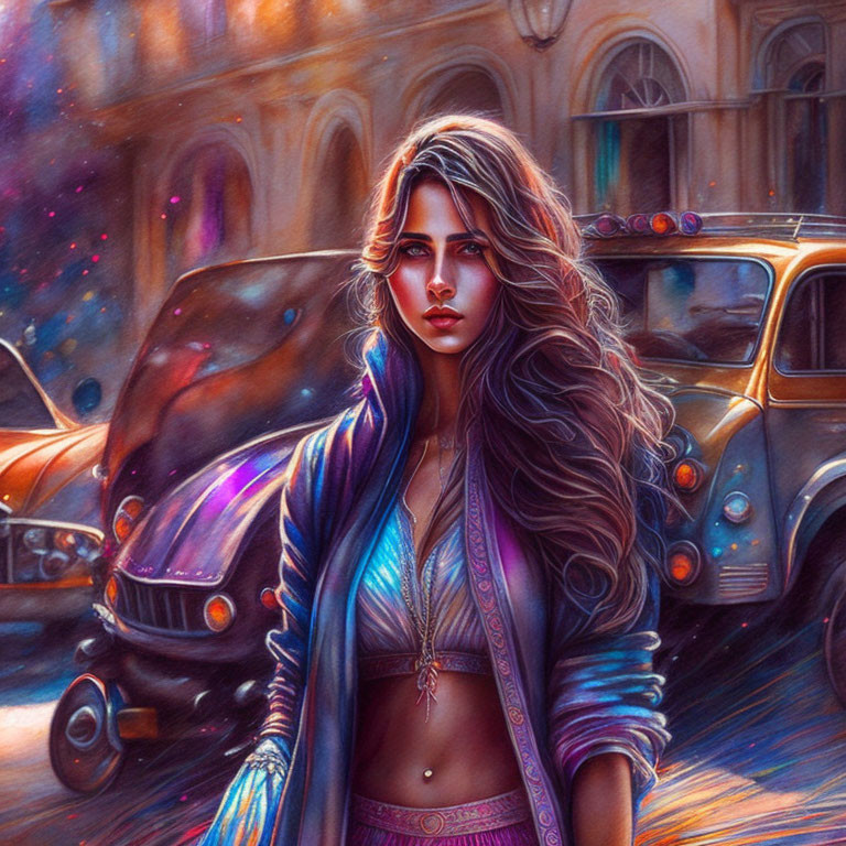 Colorful digital artwork: Woman with flowing hair in vintage urban scene