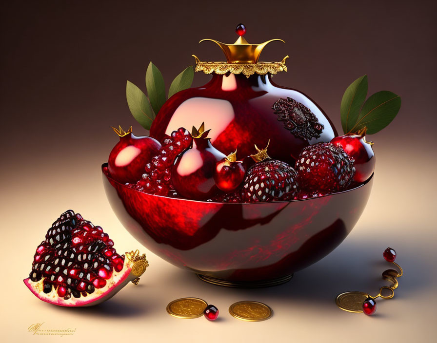 Luxurious Digital Art: Crown-Topped Pomegranate Bowl with Jeweled Fruit