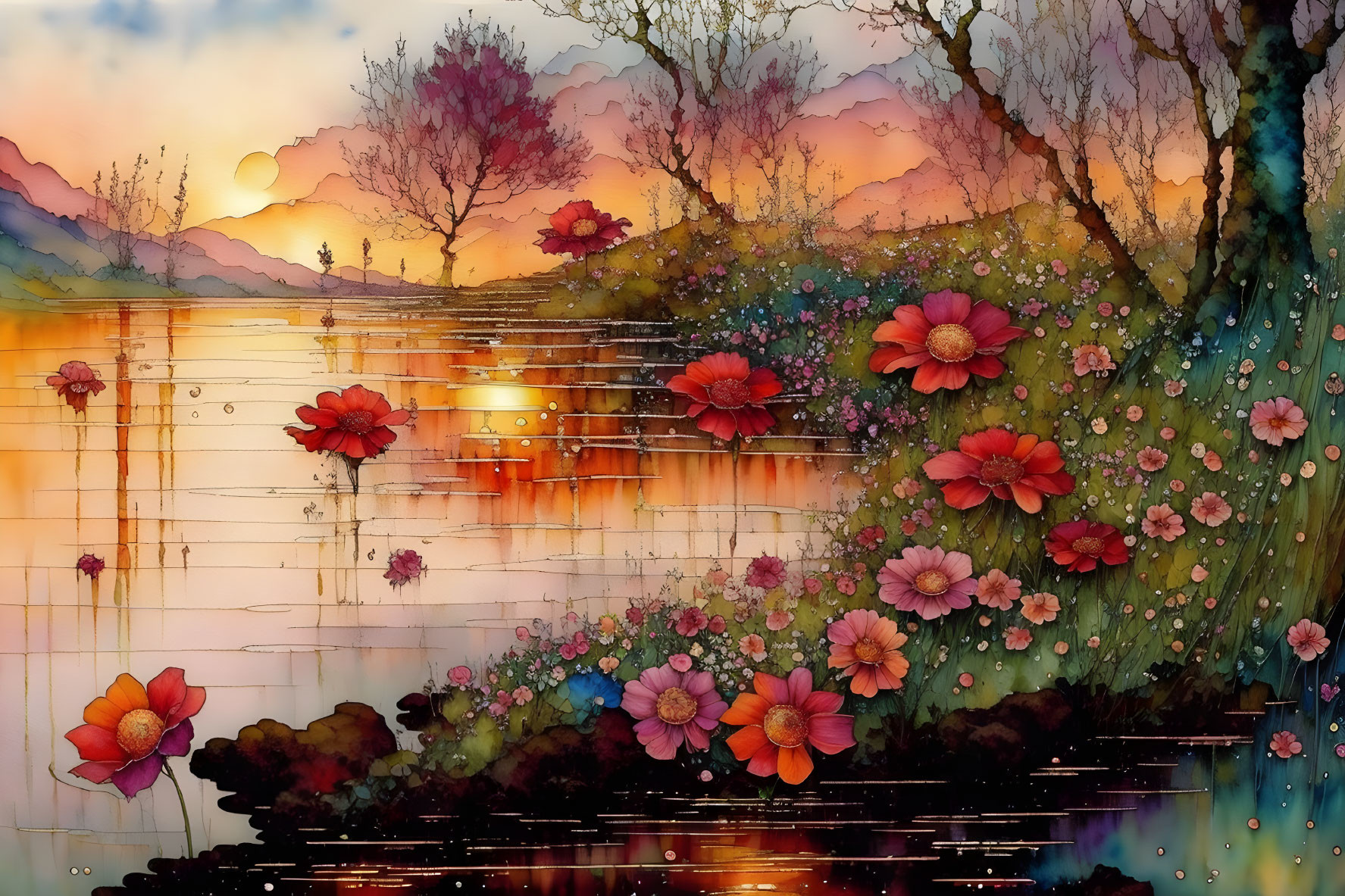 Scenic watercolor artwork: sunset over calm lake with colorful flowers and silhouetted trees.