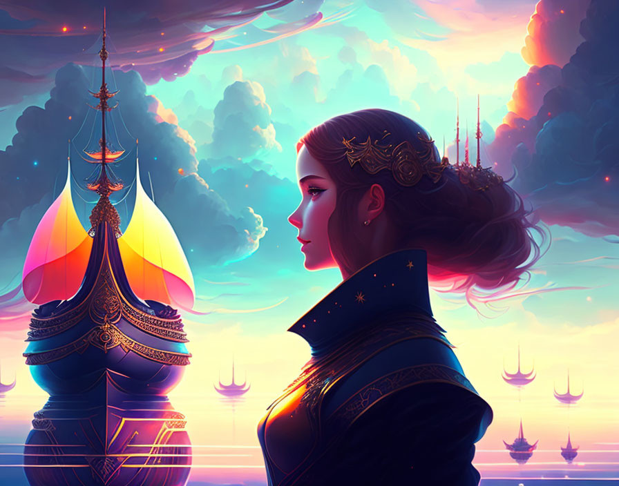 Woman in ornate attire admires colorful ships under vibrant sunset sky