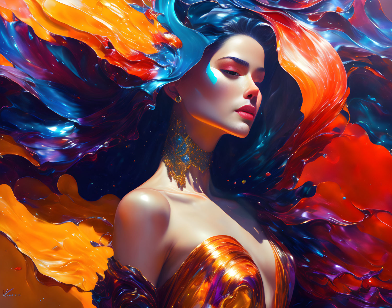 Colorful digital artwork: Woman with flowing, vibrant hair merging into abstract swirls