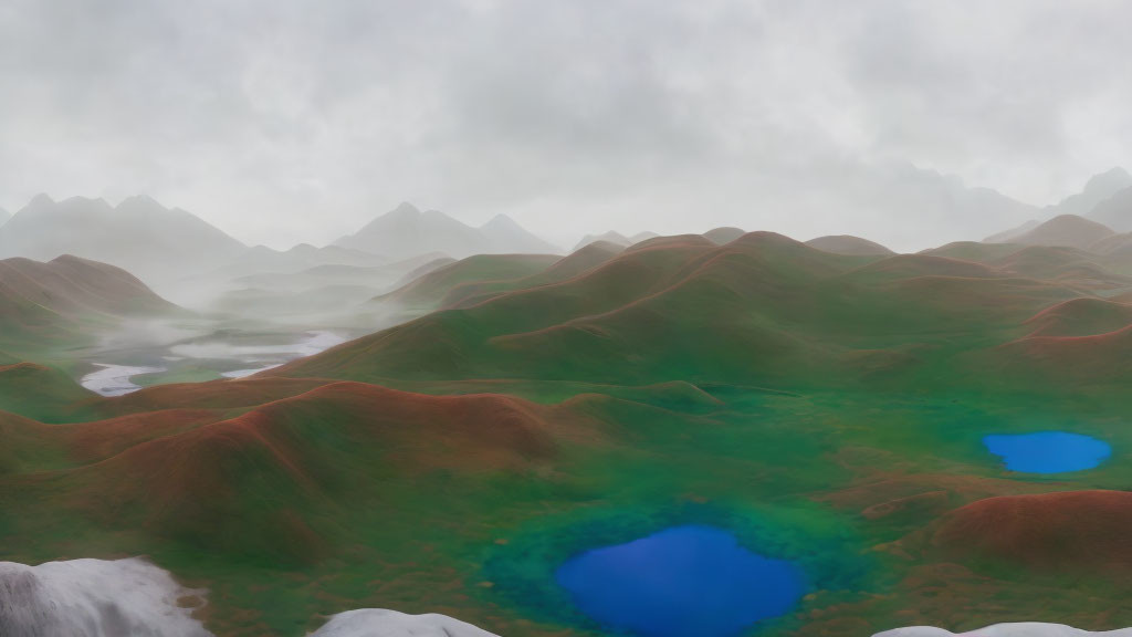 Tranquil landscape: green hills, misty mountains, blue lake