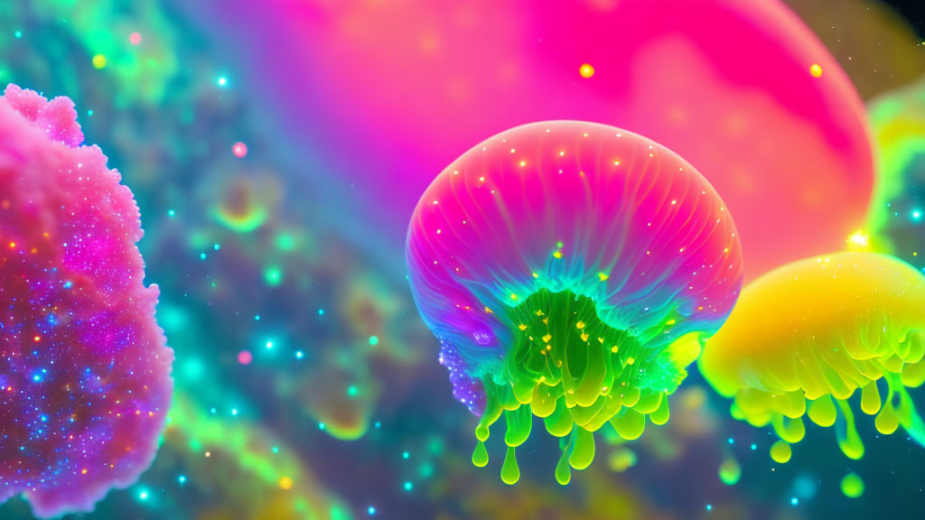 Colorful jellyfish-like entities with neon green tentacles in a microscopic underwater setting