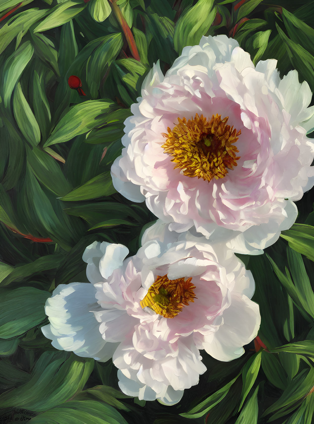 Large pink and white peonies with golden centers on dark green foliage.