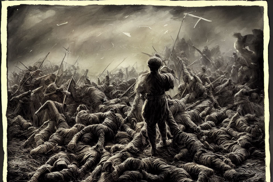 Solitary figure in chaotic battlefield with fallen soldiers and flying arrows