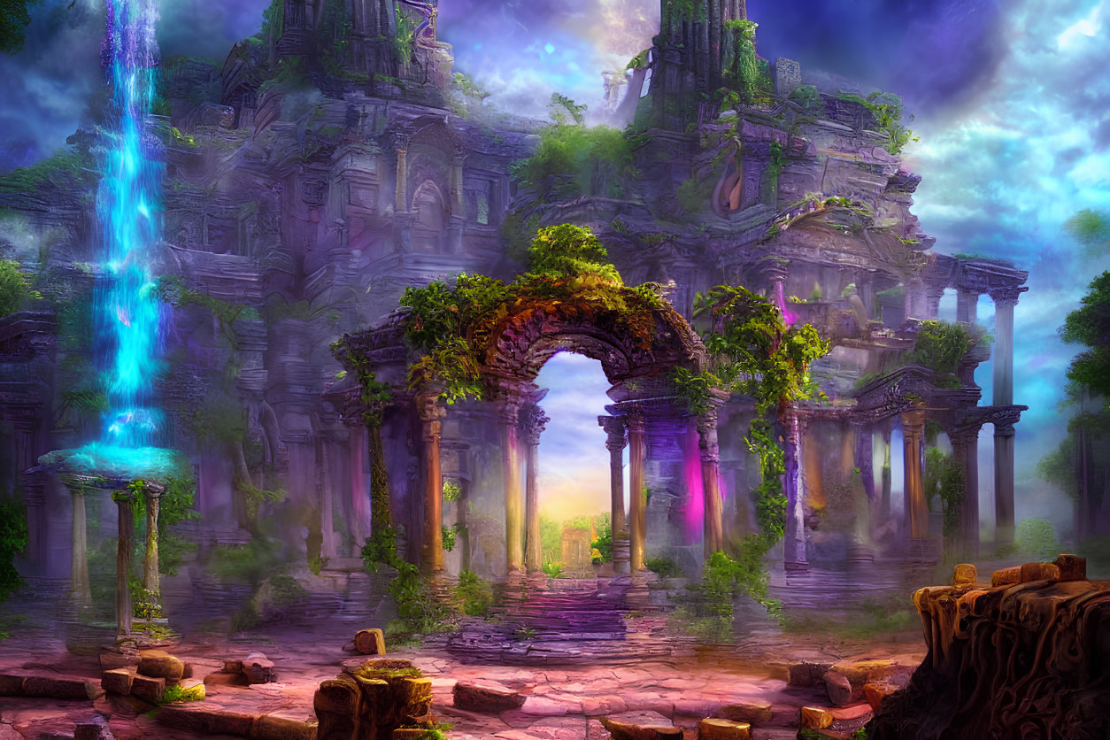 Ancient ruin with blue energy beam, greenery, purple sky