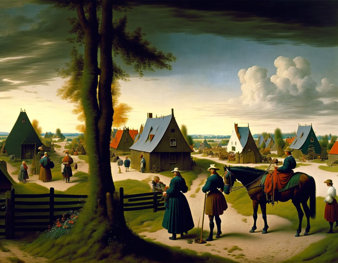 17th-century pastoral village painting with traditional attire, houses, trees, and horse rider under billowing