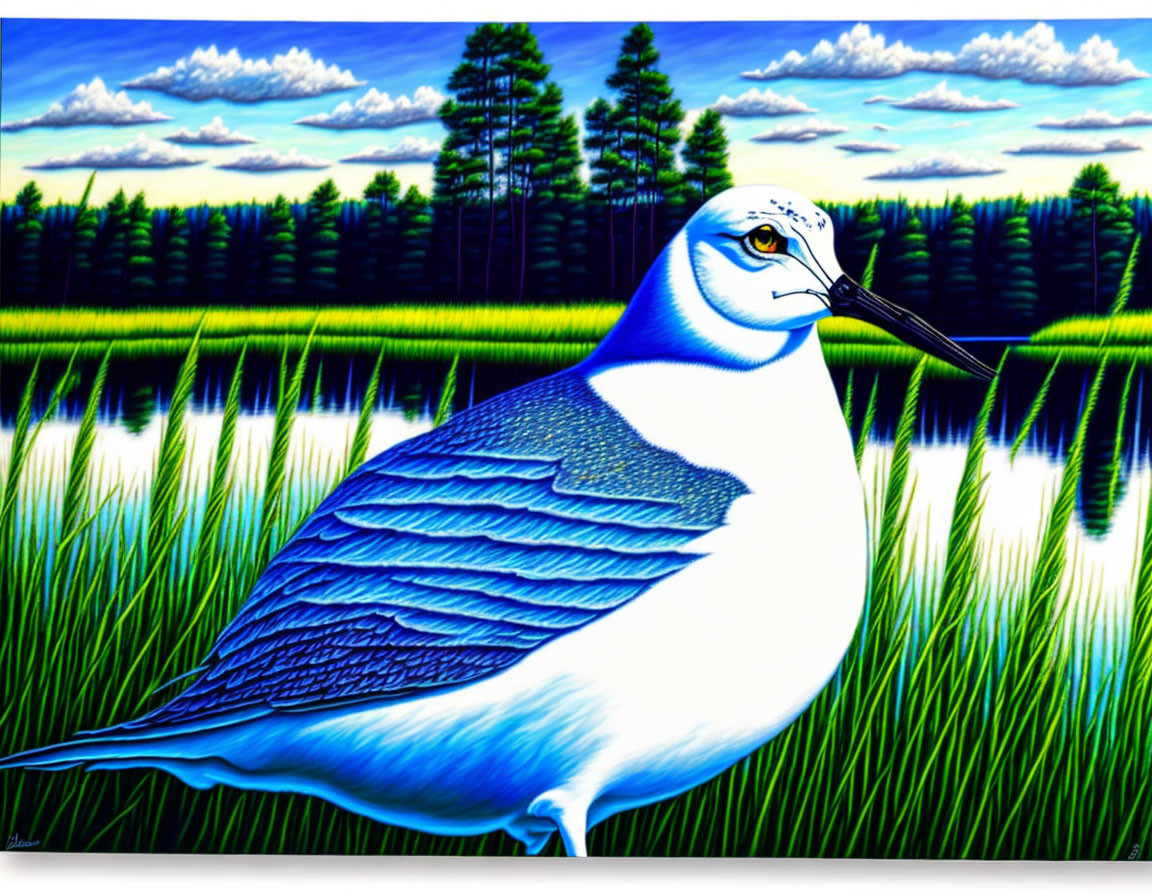 Large Blue and White Bird Illustration in Vibrant Wetland Scene