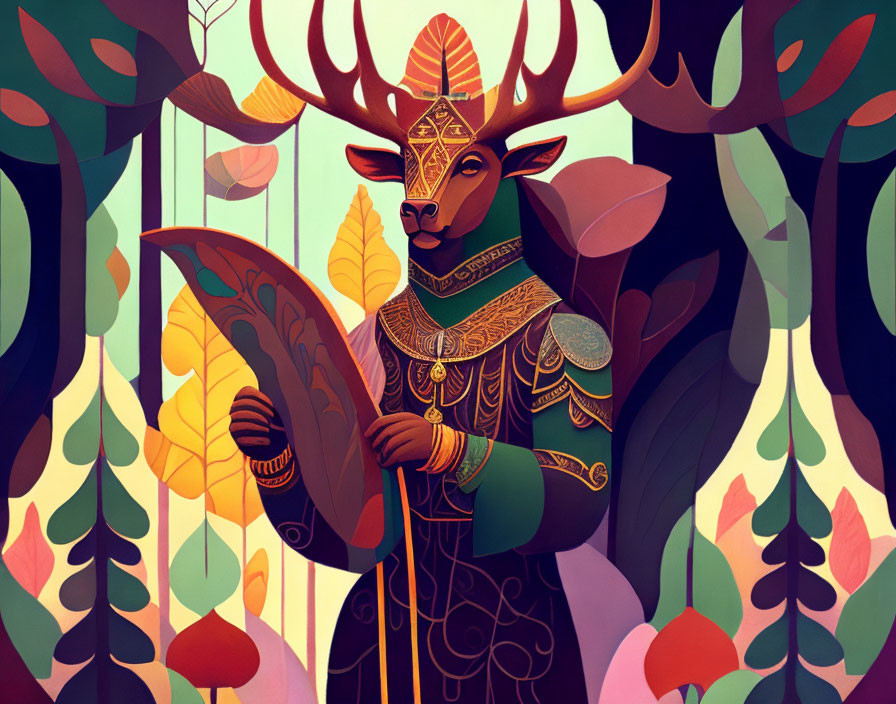 Vibrant illustration of regal deer with ornate antlers in patterned forest