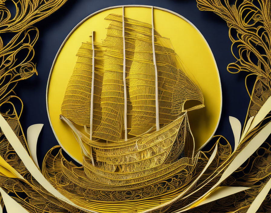 Detailed Paper Art of Golden Ship on Yellow Background with Decorative Waves