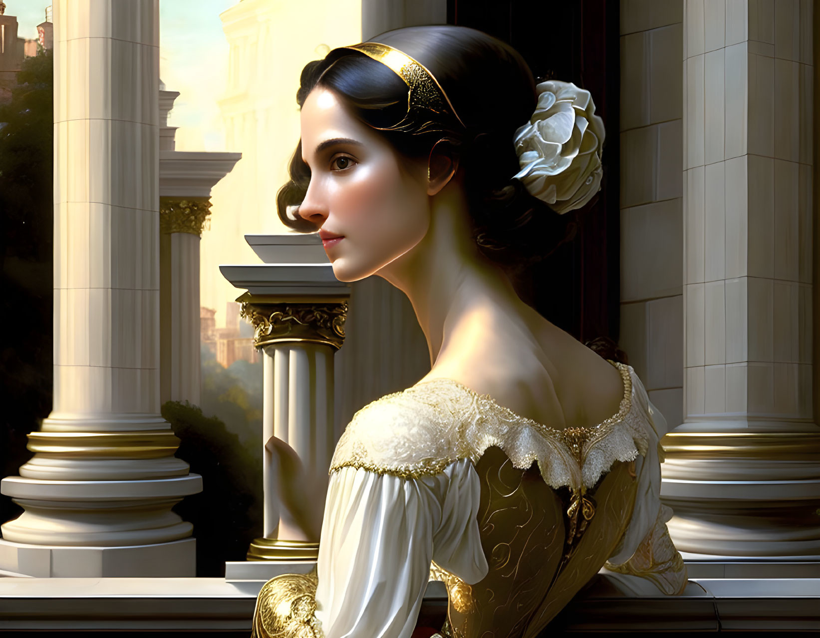 Digital artwork of woman in historical dress with white flower, looking away, against classical columns