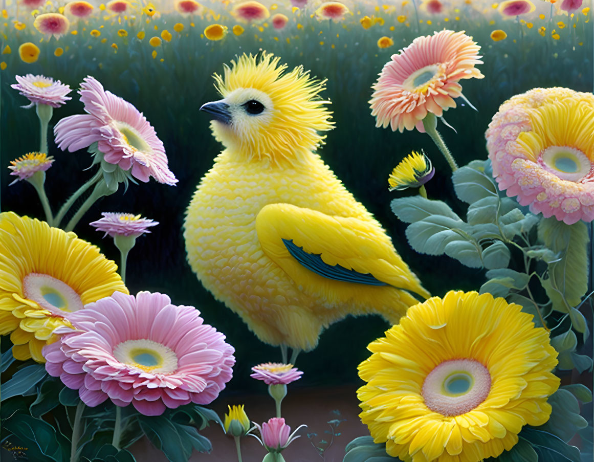 Colorful illustration: Yellow bird among pink & yellow flowers