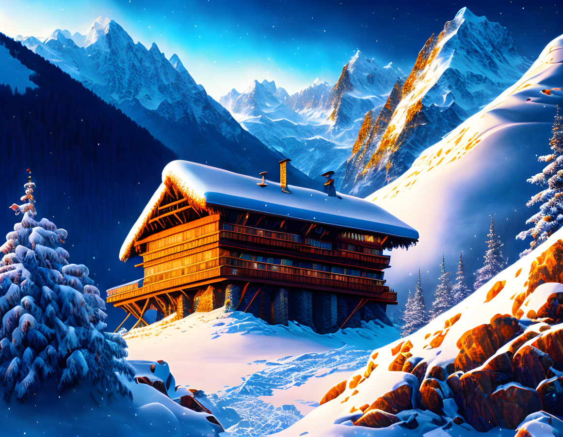 Snow-covered cabin nestled among pine trees with mountains in twilight.