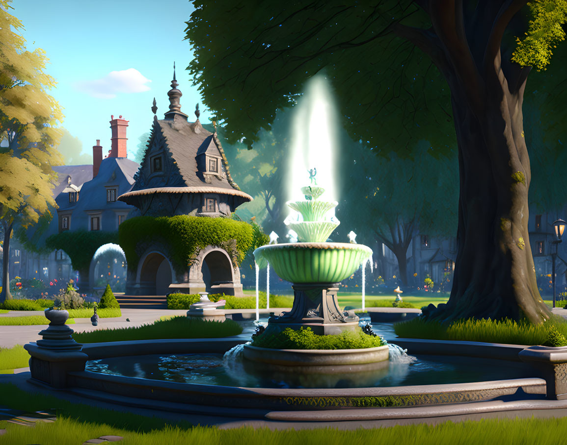 Tranquil park fountain with water jets and topiary bushes