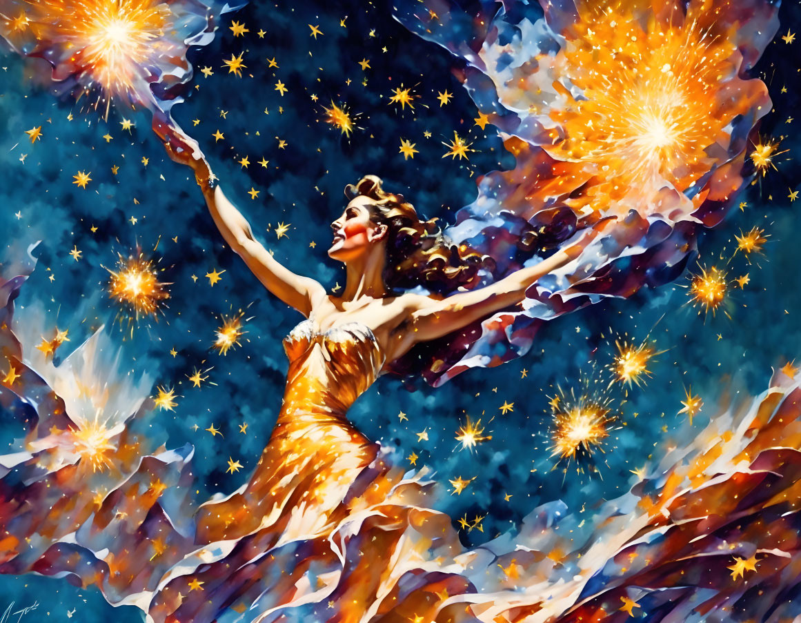 Woman in flowing dress surrounded by vibrant cosmic background
