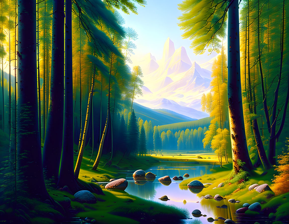 Serene river and tall trees in lush forest scenery