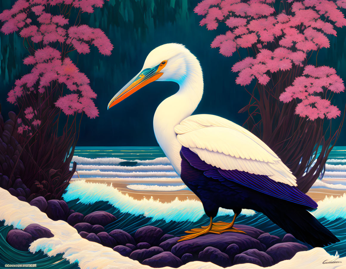 White Pelican in Purple Flower Garden by Blue Water