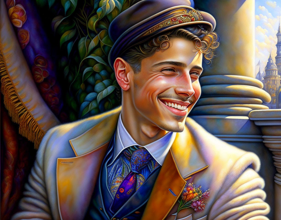 Colorful Portrait of Smiling Man in Dapper Suit and Hat