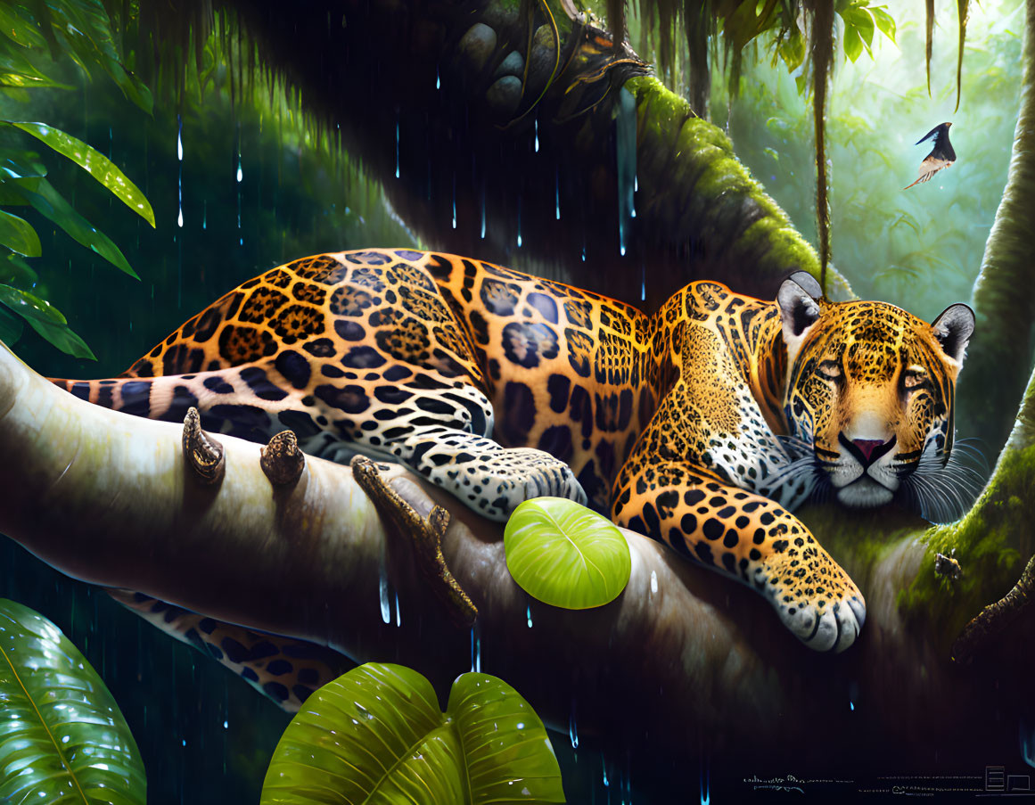 Digital painting: Leopard on tree branch in rainforest with raindrops and hummingbird