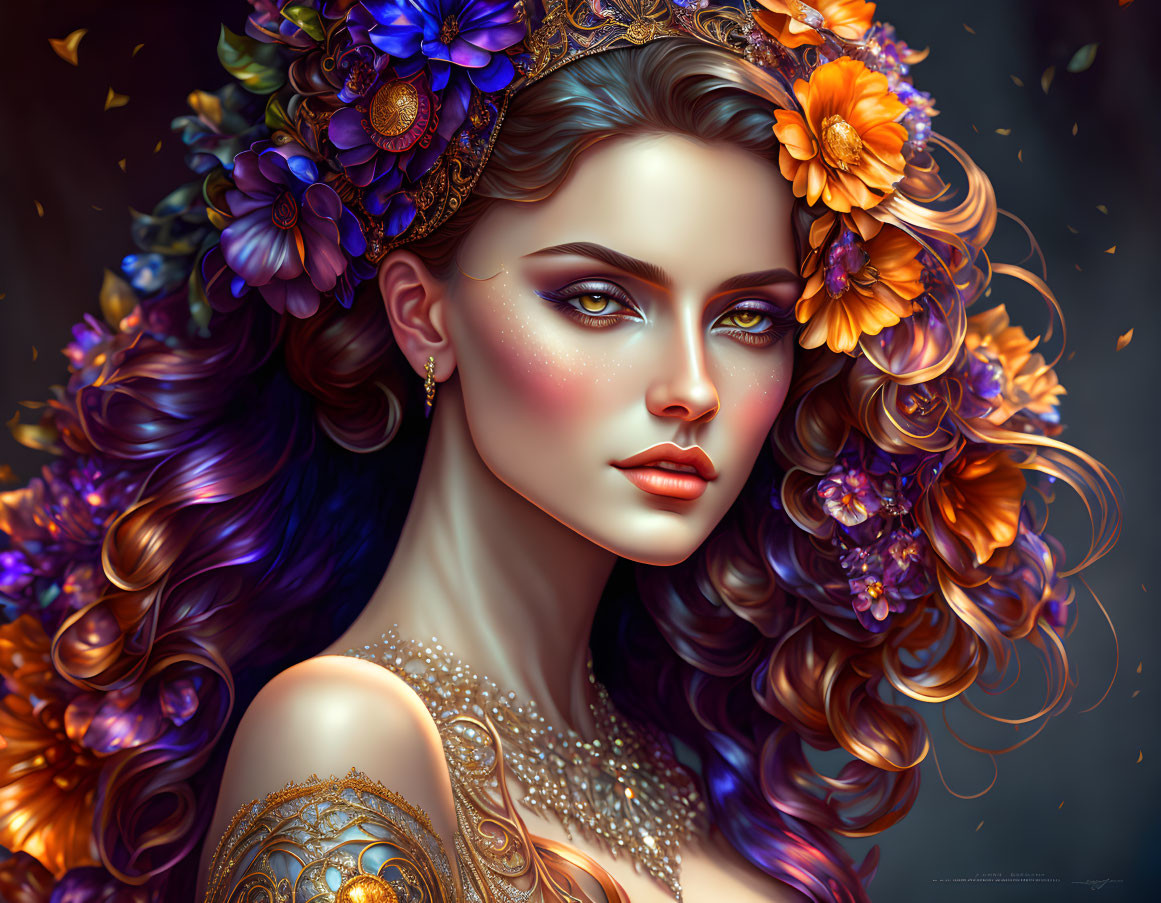 Digital portrait of woman with vibrant floral hair, exuding elegance.