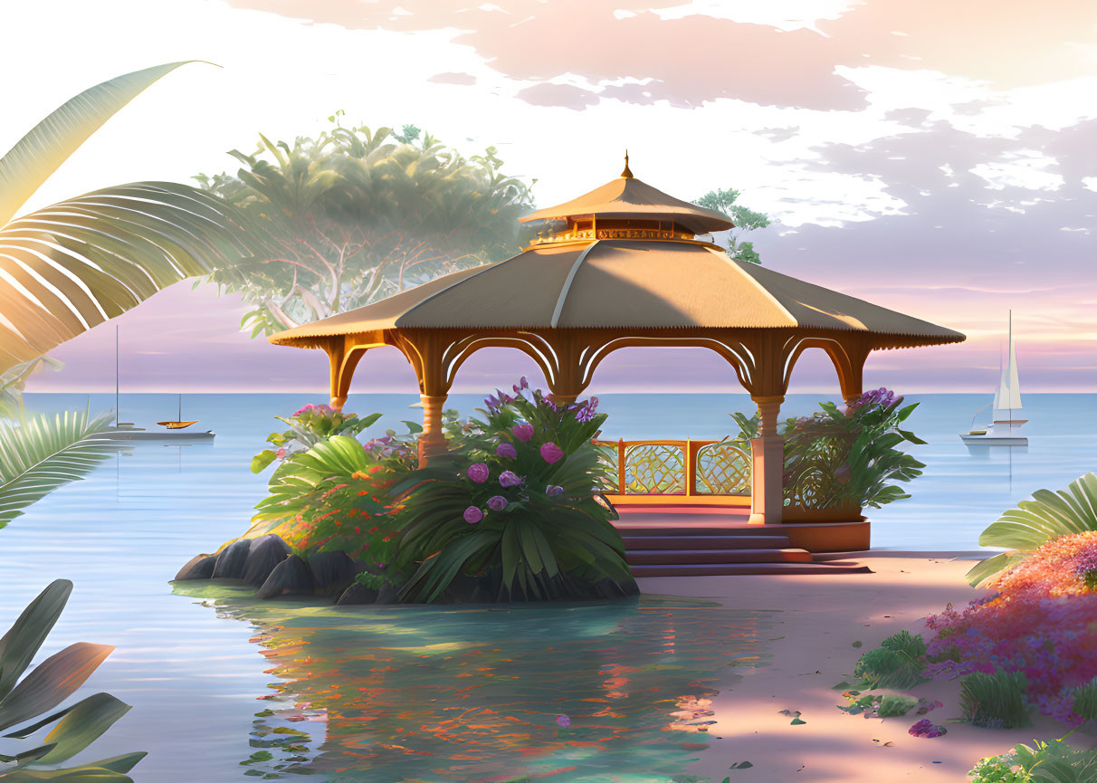 Golden-roofed gazebo by the sea at sunset with lush greenery