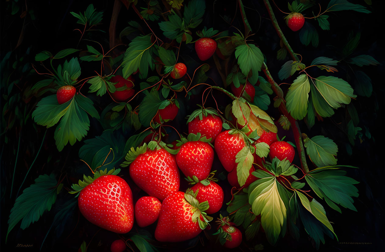 Vibrant ripe strawberries on dark, moody background