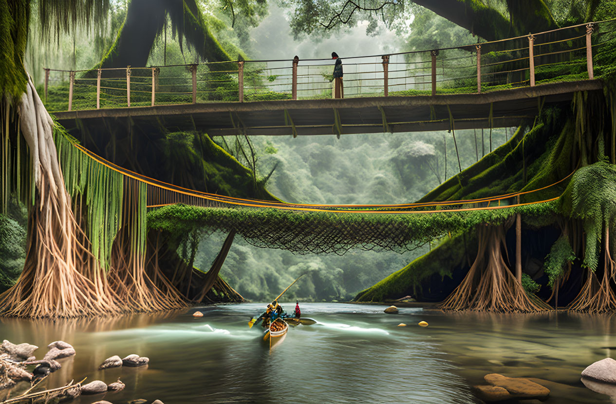 Tranquil river scene with canoe under rustic bridge, surrounded by trees and observer