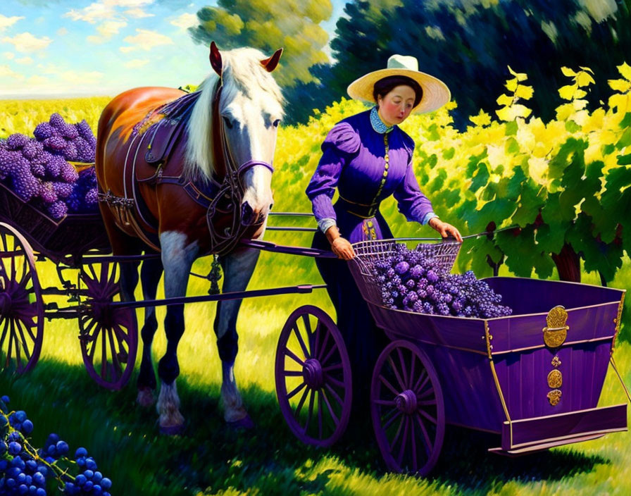 Woman in Purple Dress Collecting Grapes with White Horse in Vineyard