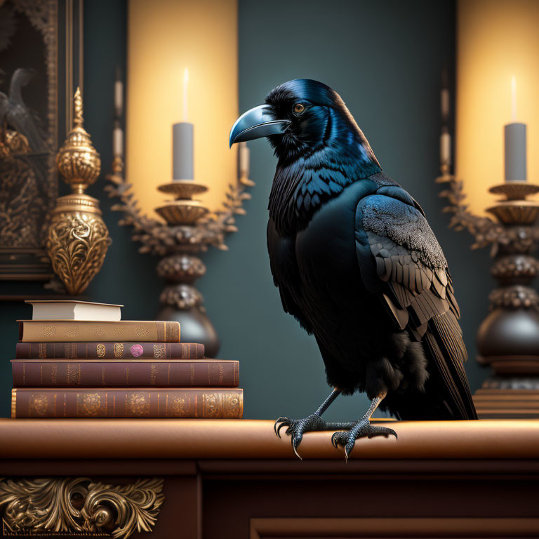 Majestic raven on wooden surface with books, candles, and golden elements