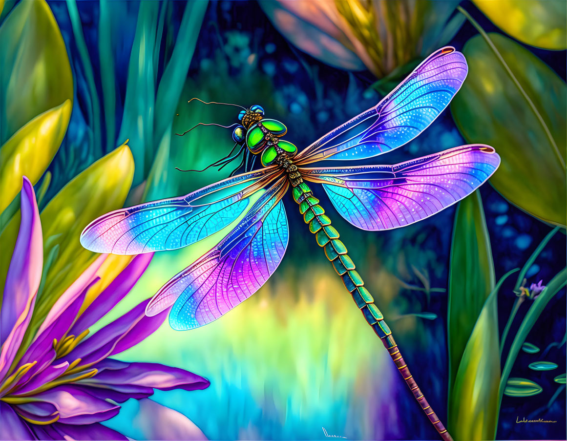 Vibrant Digital Art: Dragonfly on Flower Stem With Iridescent Wings