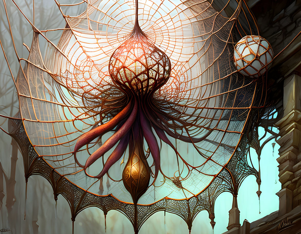 Fantastical floating structure with web-like wings above ancient cityscape