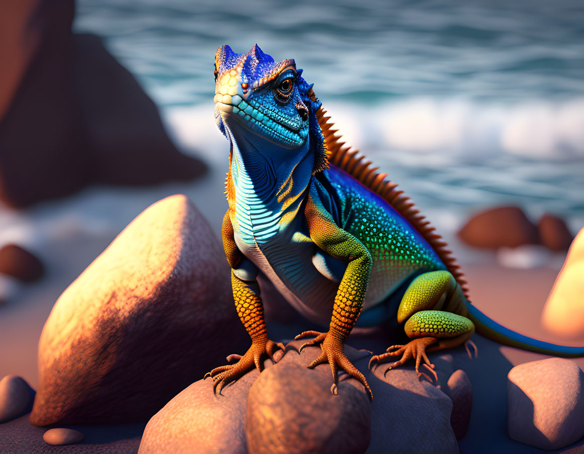 Vivid Blue and Green Iguana Basking on Sea Rocks