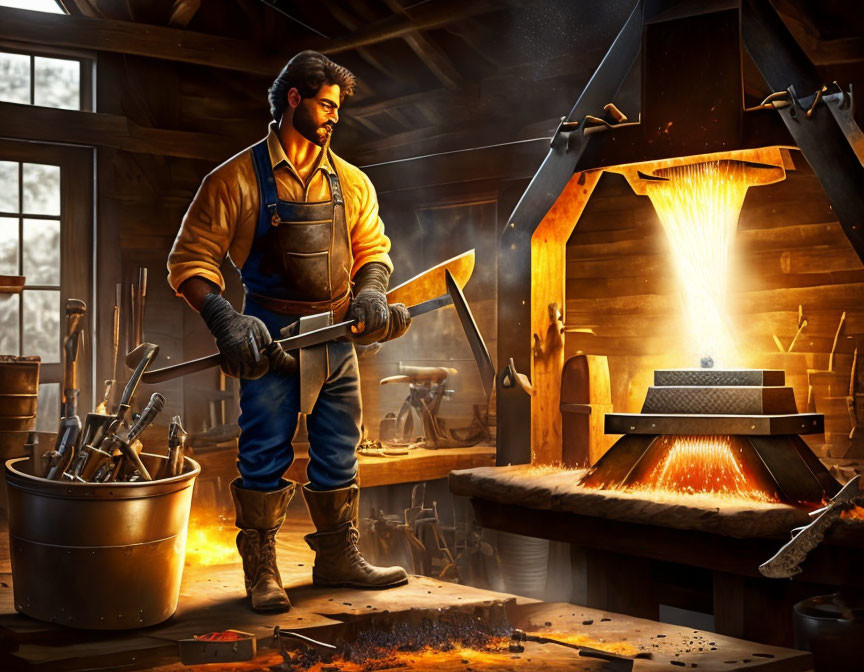 Blacksmith crafting a sword with sparks in well-lit workshop