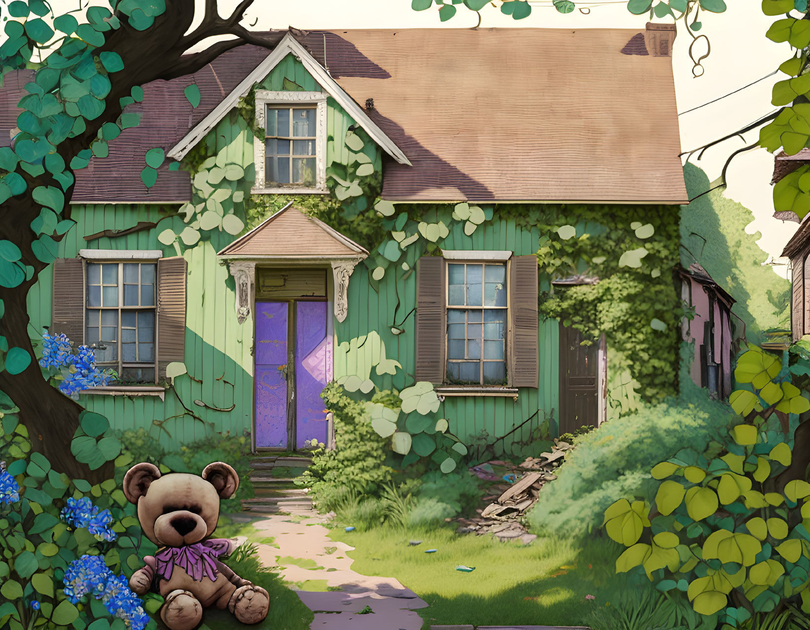 Green Cottage with Overgrown Vegetation and Teddy Bear by Tree