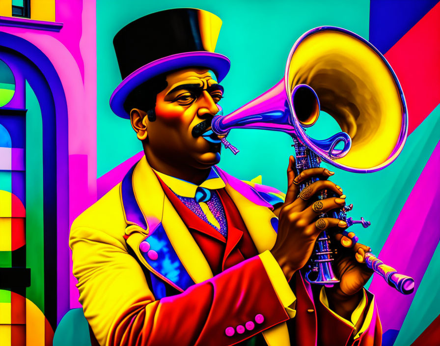 Colorful illustration of man in vintage suit playing trumpet