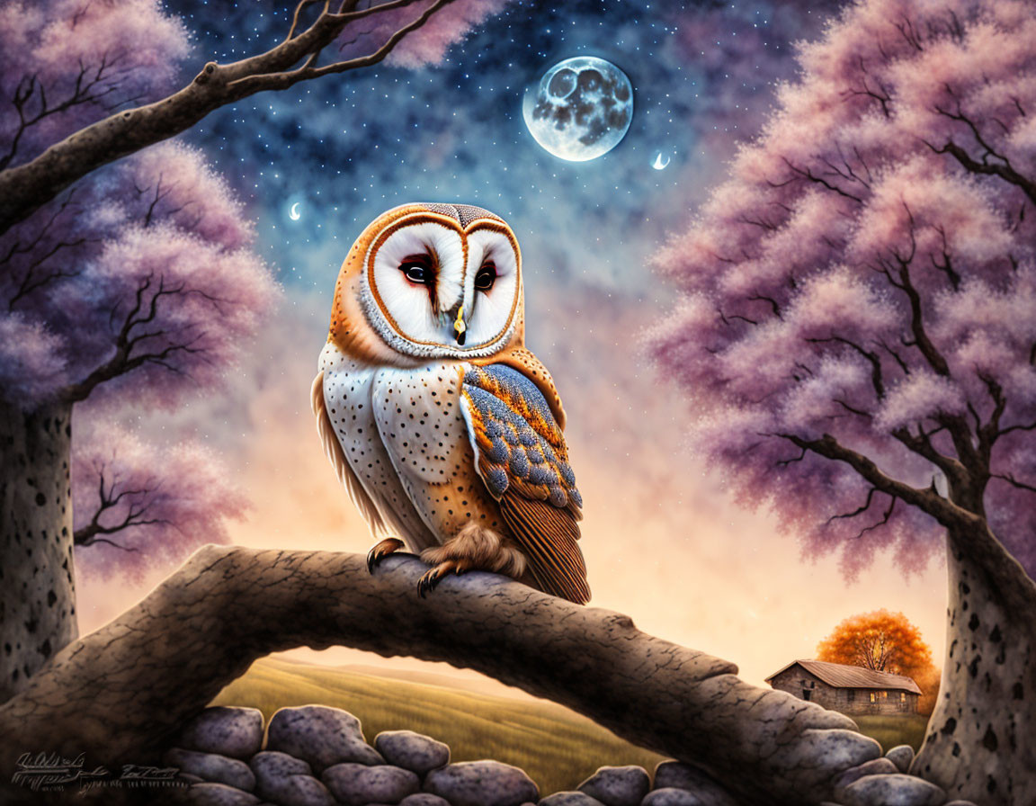 Owl on tree branch with twilight sky and moon