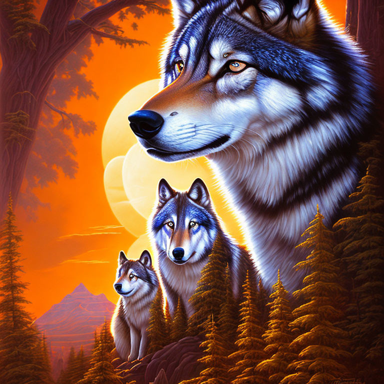 Three wolves in vibrant forest with golden sky and full moon