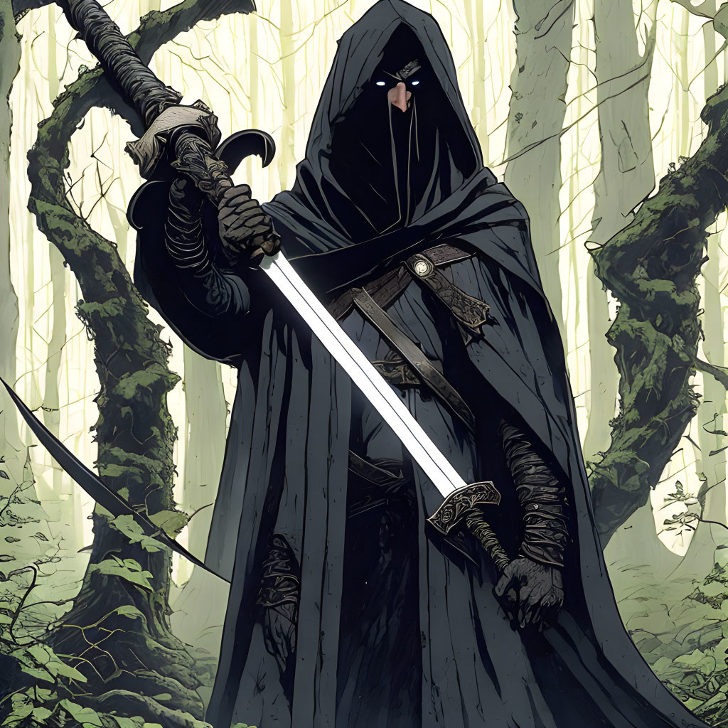 Mysterious cloaked figure with sword in shadowy forest