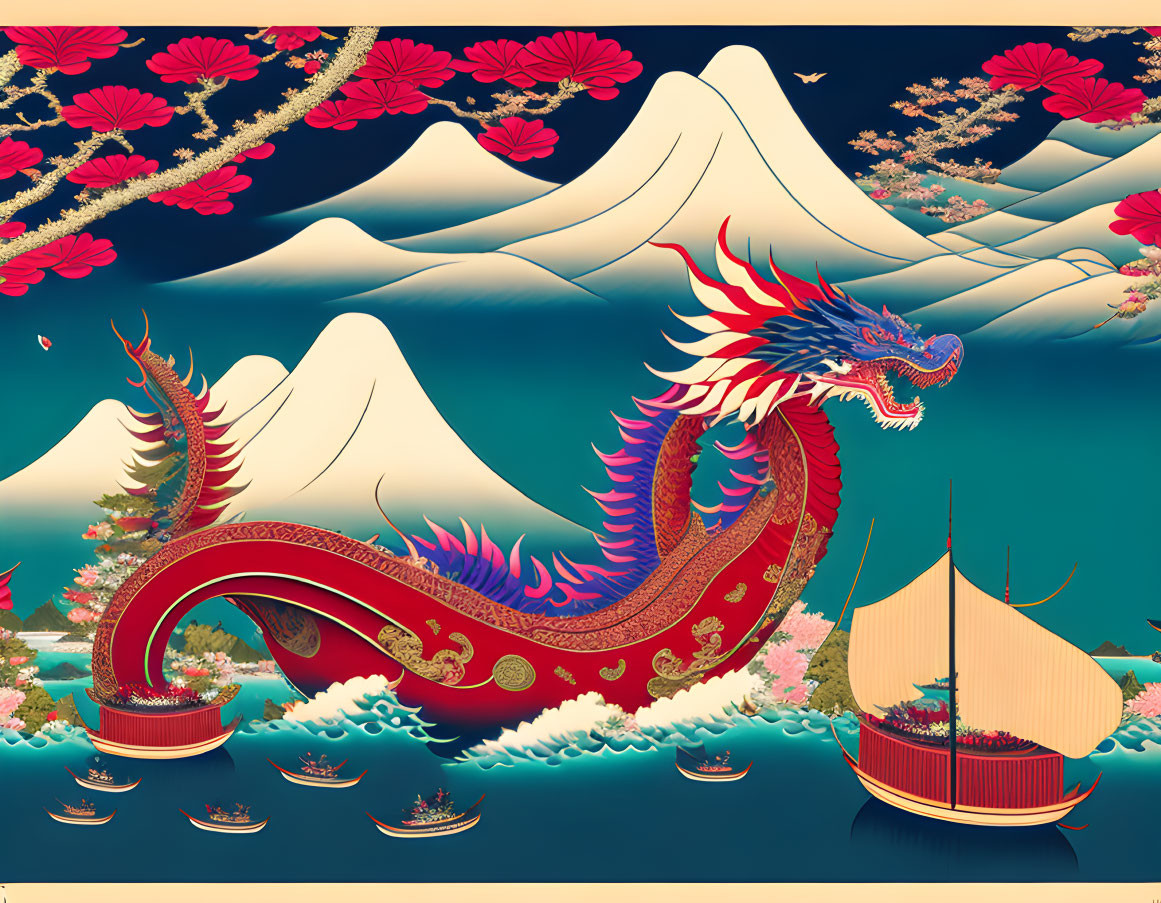 Traditional Asian Dragon in Snow-Capped Mountains and Cherry Blossoms