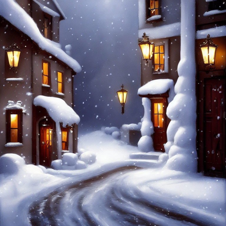 Snow-covered houses and glowing street lamps in a cozy evening scene