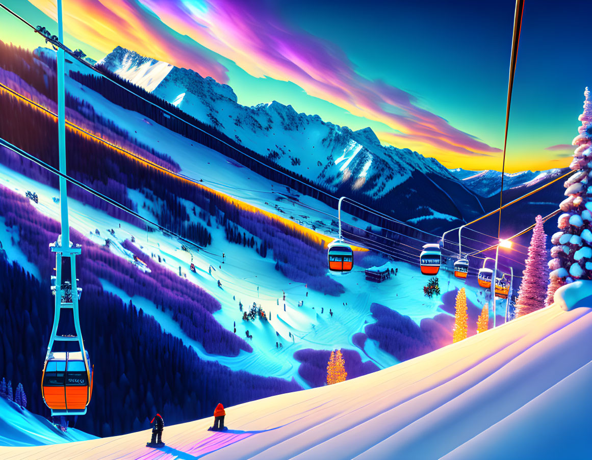 Snow-covered slopes and vibrant ski resort scene with cable cars and skiers under picturesque mountain sunset.